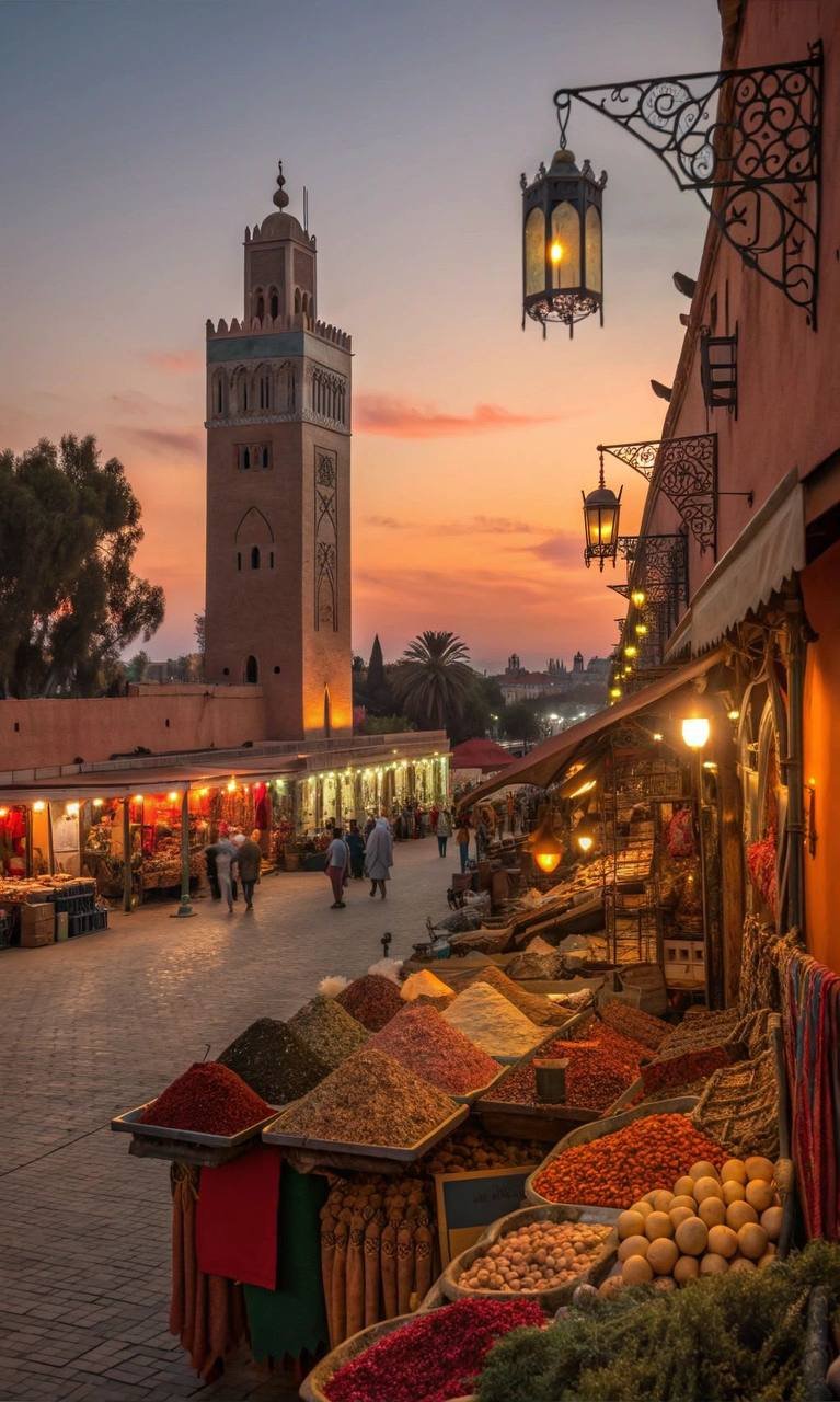 Zoco y mezquita Koutoubia al atardecer en Marrakech