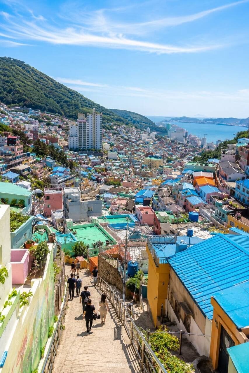 Gamcheon Culture Village en Busan — casas de colores en la ladera con vistas al mar
